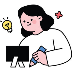 Illustration of a young woman working on a computer holding a pencil with a lightbulb symbolizing an idea and a pink plus sign indicating positive energy