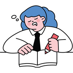 Illustration Of A Tired Woman In A White Shirt And Black Tie With Blue Hair Yawning While Studying A Book Holding A Red Pencil With Open Mouth And Red Cheeks Surrounded By Small Circles Indicating
