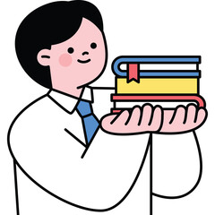Person Holding Stack of Books Shirt and Tie White Background Simple Drawing Style Vector Art Knowledge Education Learning