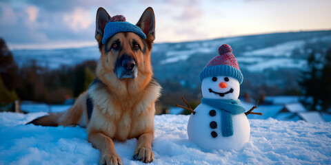 German shepherd dog lying in snow beside a small snowman, both wearing knitted winter hats in a snowy countryside setting