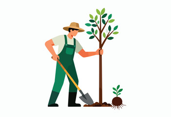 A person in a hat and overalls plants a tree, using a shovel. A small seedling and dirt are nearby