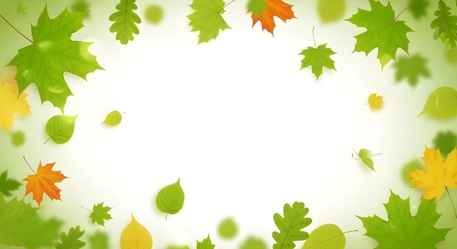 Vibrant nature border featuring floating green and yellow leaves (maple, oak). Fresh seasonal background with soft bokeh and bright central copy space for text or promotion.