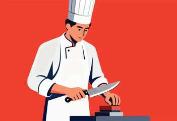 A chef in a white uniform and hat cuts food with a large knife on a table, all set against a red background