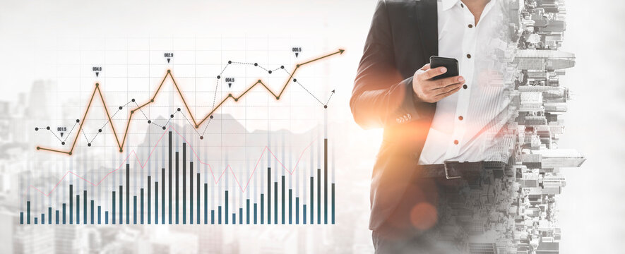 A business professional engages with a smartphone, surrounded by digital graphs showcasing growth trends and analytics, reflecting innovation in the urban landscape. Scalp - Powered by Adobe