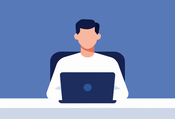 An illustration of a person sitting at a desk with a laptop. They are facing the viewer in a simplistic style