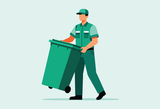 A stylized illustration depicts a sanitation worker in a green uniform lifting a large trash bin