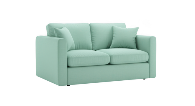 Modern mint green loveseat sofa with pillows isolated on transparent background - Powered by Adobe