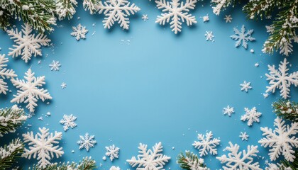 Winter wonderland snowflakes arrangement on blue background holiday-themed decor graphic elements festive environment aerial view seasonal concept for creative projects