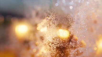 A macro shot captures intricate frost patterns on a window, glittering against a warm, bokeh background of blurred golden lights, suggesting a cozy winter evening view with falling snowflakes. - Powered by Adobe