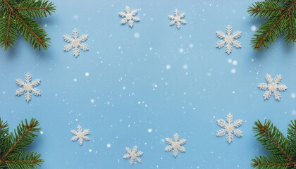 Winter wonderland celebration with snowflakes and pine branches festive background decorative elements snowy environment aerial view seasonal joy and cheer