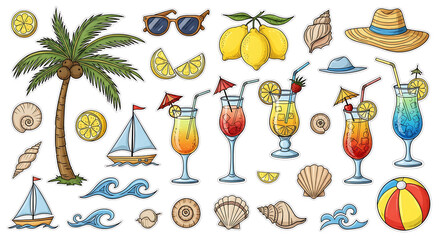 Tropical summer vacation elements including palm tree cocktails sunglasses and beach accessories
