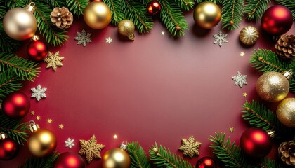 Festive christmas decoration display home image of ornaments and pine cones seasonal environment overhead view celebratory concept for holiday cheer and joy