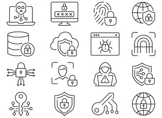 Collation of security thin line icons set. Secure, security, password, privacy, protection, guard, cyber security, padlock, hacker and more. Protection symbols collection. Vector illustration. 