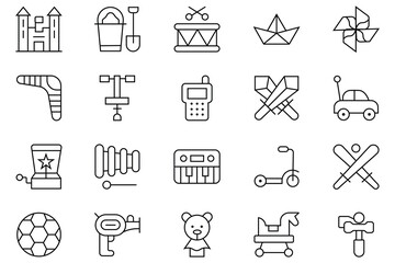 Collation of children's toys line icon set. Contain such as tricycle, water gun, doll, horse toy, drum, ball, robot,  teddy bear and more. children toys Icons bundle. Vector illustration.