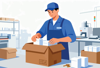 A worker in blue overalls and cap packs items in a cardboard box at a warehouse. Machinery and boxes