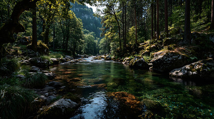 Sunlit forest stream with mossy rocks and lush green trees