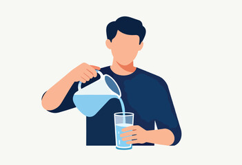 A faceless figure pours water from a pitcher into a glass, body is blue. White background