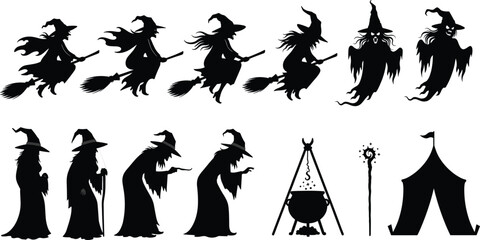 Witch silhouettes flying and standing, magical objects, cauldron, wand, Halloween theme, fantasy illustration, black figures, white background