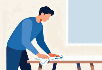 Illustration of a person wiping a table with a cloth. Minimalist design featuring muted colors and a simple interior