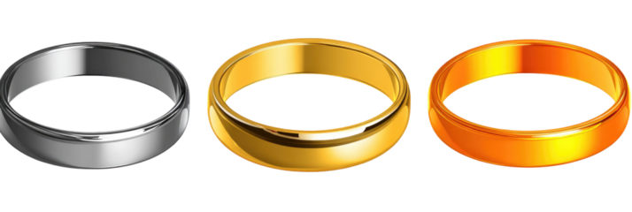 Three metallic rings, silver, gold, and orange-gold