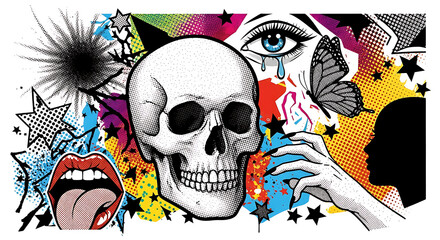 Surreal collage featuring a skull open mouth and a single eye with abstract background