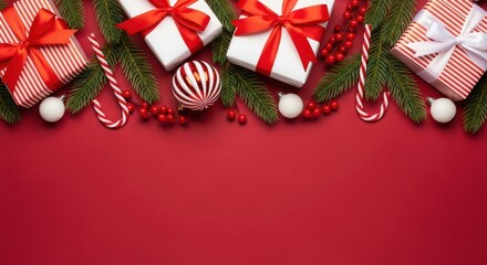 Festive christmas flat lay with gift boxes, fir branches, candy canes, and ornaments on a vibrant red background