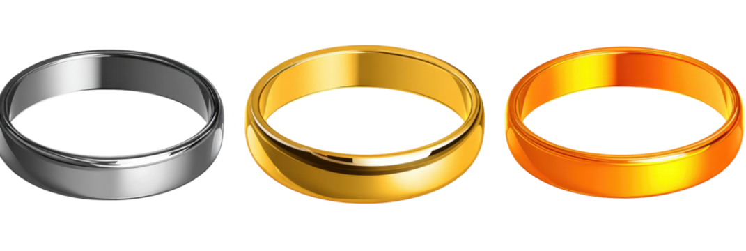 Three metallic rings, silver, gold, and orange-gold