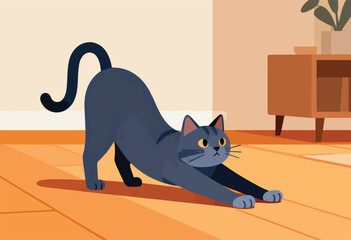 Cartoon illustration of a black cat stretching in a home setting with a wooden floor