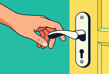 A hand reaches to grasp a door handle. Vibrant hues of green, yellow, and peach create a geometric, minimalistic image