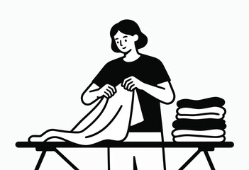 Black and white illustration of a person folding laundry on an ironing board, with a stack of folded clothes