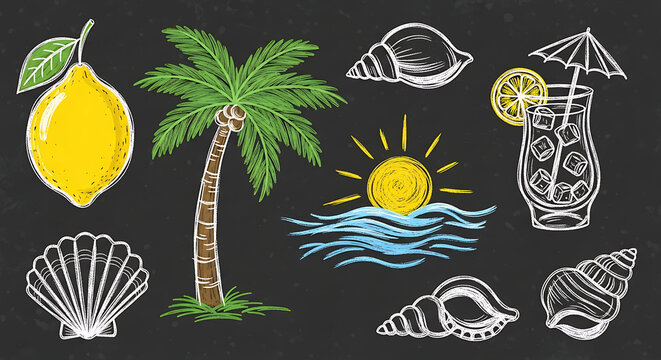Tropical beach vacation elements including a palm tree lemon cocktail and seashells drawn on a dark background