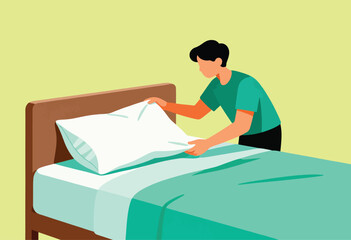 Illustration depicts a person making a bed, straightening a white pillow on teal bedding with brown headboard