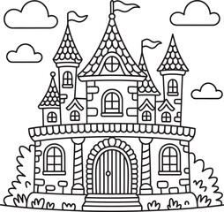 Fototapeta premium Cute and simple castle drawing with flags and clouds for coloring fun vector