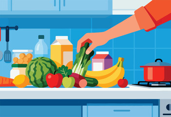 A vibrant kitchen scene features a hand reaching for produce next to a stove with a red pot