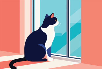 A navy and white cat sits, gazing out a window with a blue-sky view, in a room with coral walls
