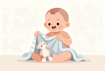 Cheerful cartoon baby holding a blanket with a teddy bear, sitting on a pale pink surface