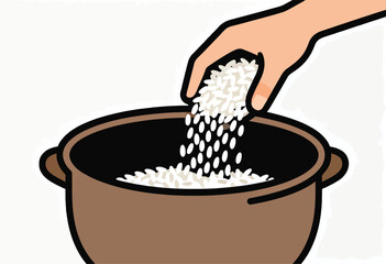 An illustrated depiction shows a hand pouring uncooked white rice into a brown pot