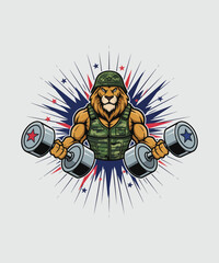 Fototapeta premium Powerful Lion Lifting Weights in Military Gear Patriotic Symbol of Strength and Dedication