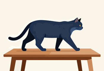 A stylized dark blue cat with yellow eyes, walking across a brown table with four legs