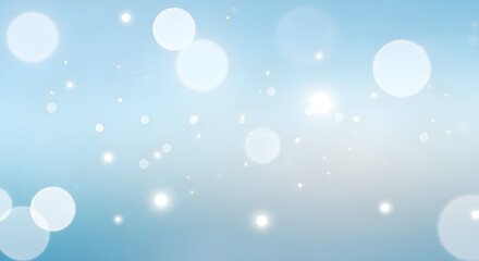 Obraz premium Abstract blue background with large scattered white bokeh circles and sparkling particles. Clean, ethereal winter design suitable for festive greeting cards or elegant website backdrops.