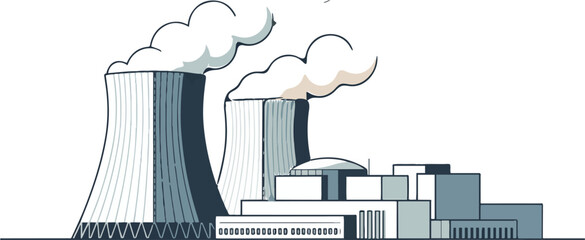 Nuclear power plant with reactors and cooling towers for energy production and electrical power generation by nuclear fission exactly 130 characters