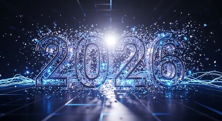 Futuristic 2026 Chrome Numerals Explode with Crystalline Shards and Blue Light.