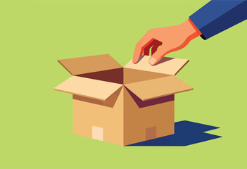 A hand opening a cardboard box. The box sits on a green surface with a dark shadow. Simplified illustration