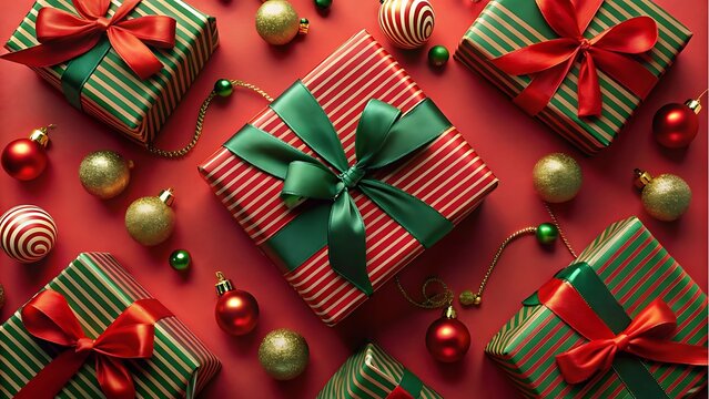 Festive christmas presents with green and red ribbons on red background - Powered by Adobe