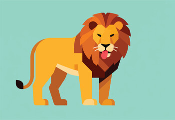 A stylized, geometric lion illustration with a large mane, tongue out, standing on a teal background