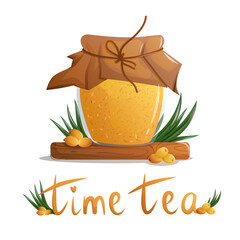 Sea buckthorn tea jar illustration with handwritt text. Glass jar filled with bright sea buckthorn tea, decorated with leaves, berries and handmade lettering, perfect for packaging.