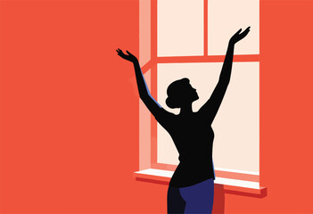 A silhouetted figure with arms raised stands by a window, bathed in light against a vibrant red backdrop