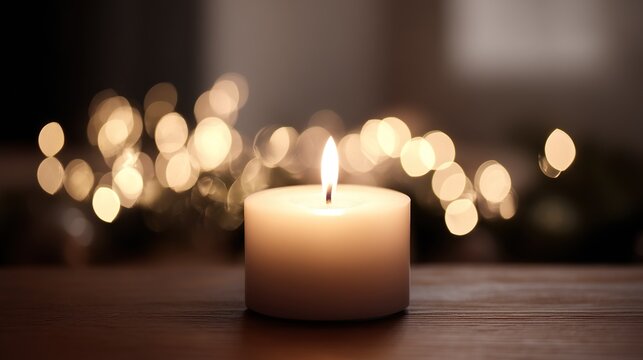 Focused candle surrounded by soft bokeh lights, warm tones and blurred background creating a calm, peaceful atmosphere that feels cozy and serene.