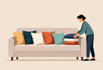 Illustration shows a person arranging pillows on a beige sofa. Variety of colorful pillows add a pop