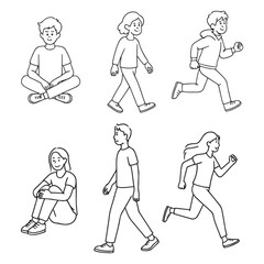 Sitting, walking, running people line art vector silhouette